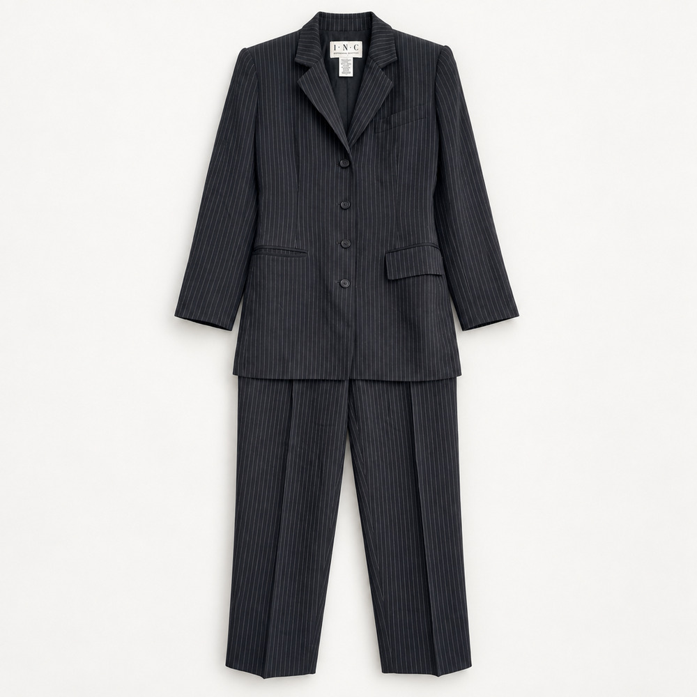 VTG INC Pinstripe Wool 2 Piece Pant Suit Navy Black Blazer Trousers Set Size 4